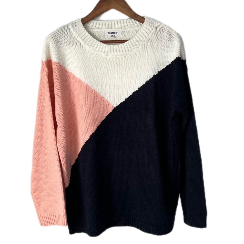 BB Dakota Sweater Sz M  Chunky Knit Boat Neck Blue Beige Stretch Pullover